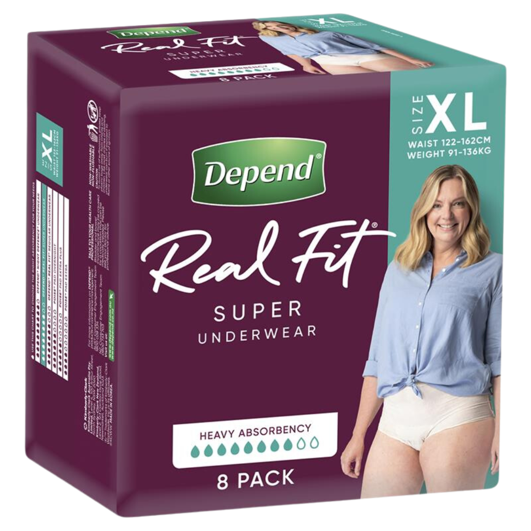 Depend RealFit Underwear Super for Women – discreet, absorbent, and comfortable incontinence underwear.