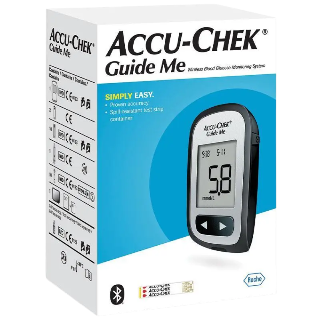 Accu-Chek Guide Me Blood Glucose Monitor with large display and Bluetooth connectivity for easy diabetes management.