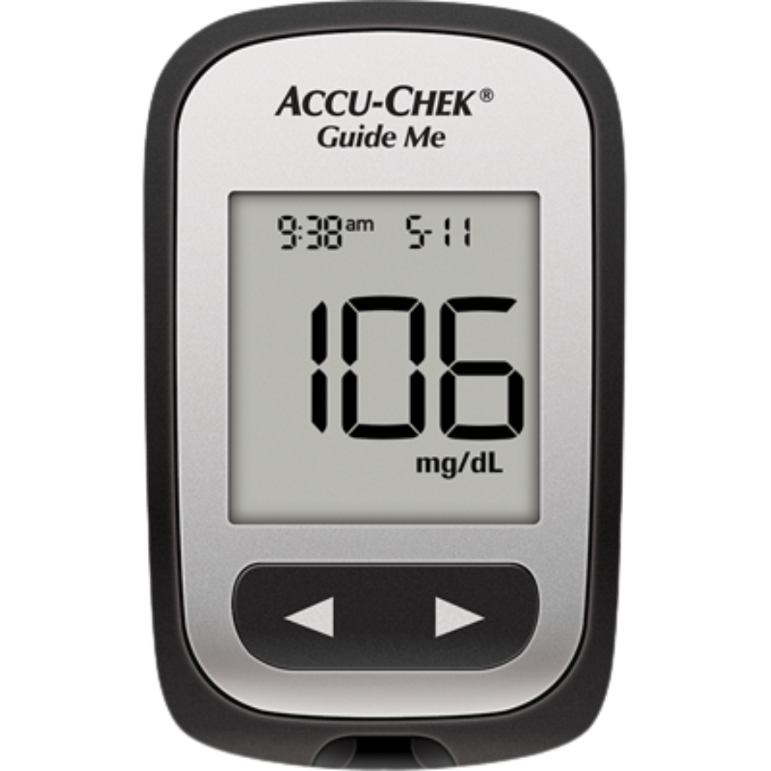 Accu-Chek Guide Me Blood Glucose Monitor with large display and Bluetooth connectivity for easy diabetes management.