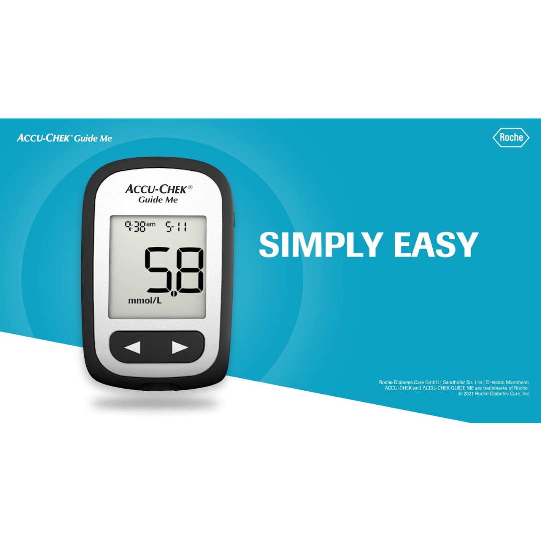 Accu-Chek Guide Me Blood Glucose Monitor with large display and Bluetooth connectivity for easy diabetes management.