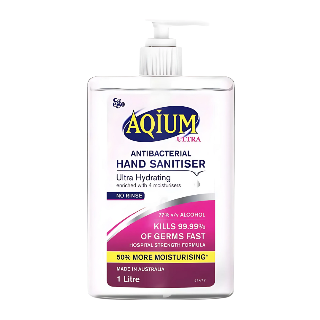 Aqium Ultra Hand Sanitiser 1L bottle – hospital-grade antibacterial gel with moisturiser and aloe