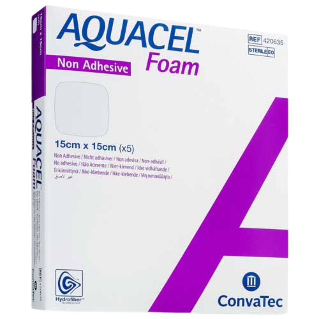 Aquacel Foam Non-Adhesive Dressing with Hydrofiber core and soft foam pad, designed for gentle, high-absorbency wound care on sensitive or fragile skin.