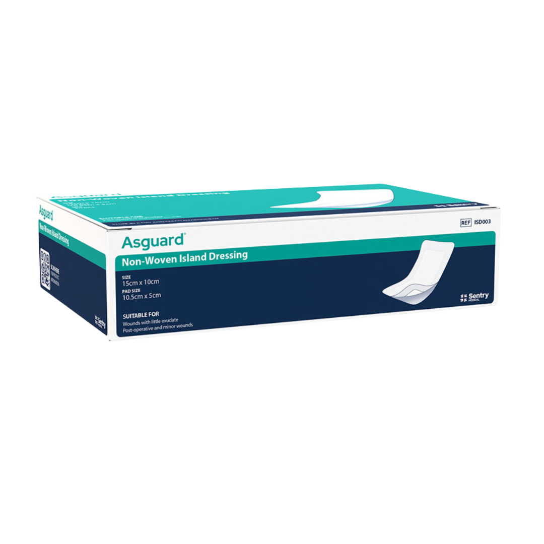 Asguard non-woven island dressing box pack, suitable for wounds with little exudate and post-operative care. Includes assorted sizes for versatile wound management.