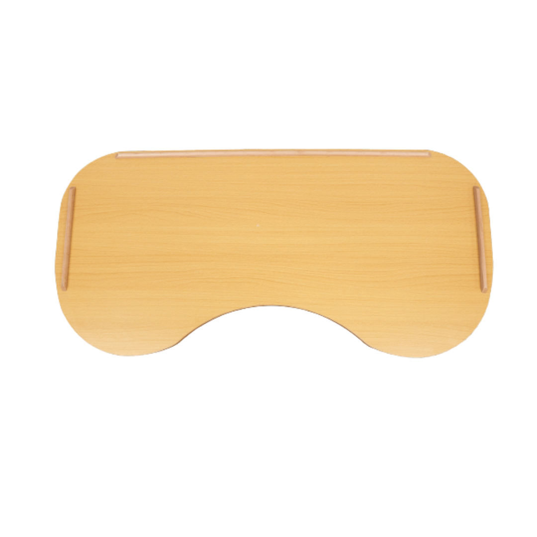 Aspire Overchair Table with beech laminate top, height-adjustable frame and wheels for use over chairs or recliners.