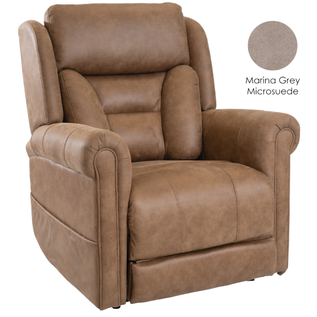 Brown recliner chair with Marina Grey Microsuede swatch on a white background