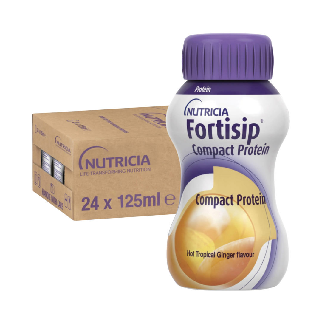 Fortisip Compact Protein Hot Tropical Ginger 125ml – high-protein, high-calorie nutritional supplement designed for recovery and taste sensitivity.