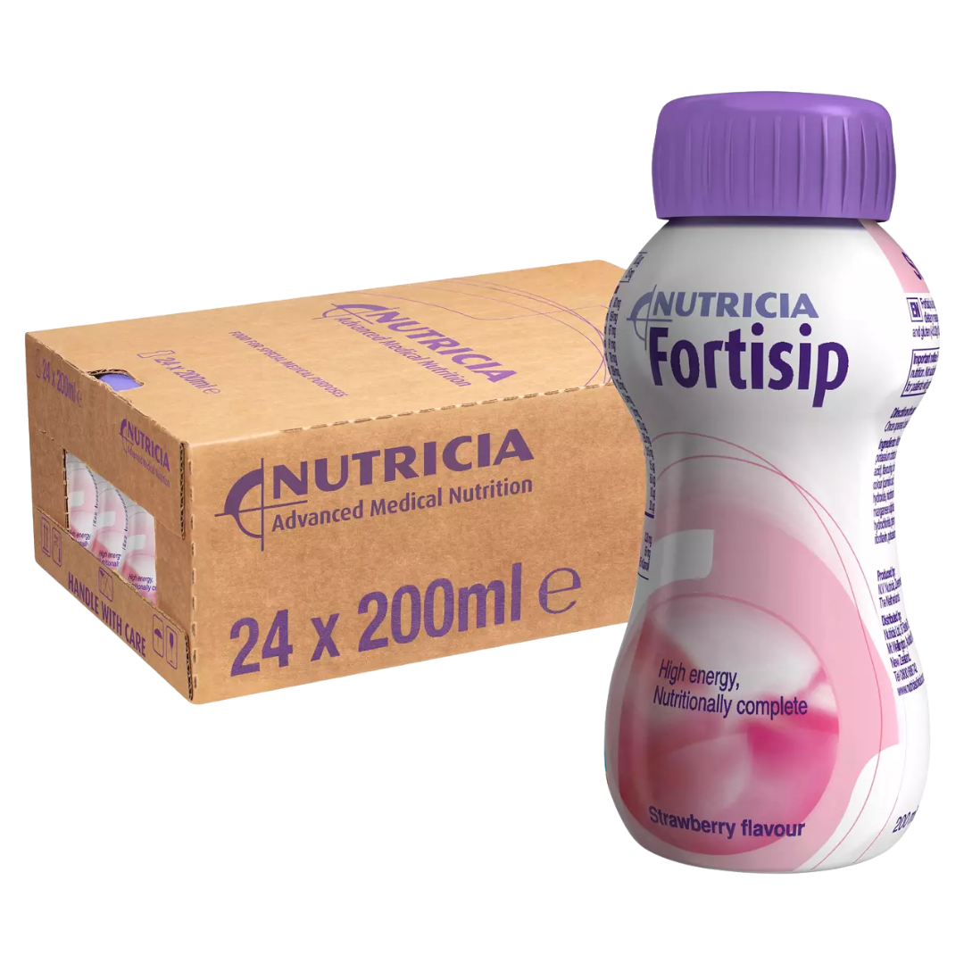 Fortisip Strawberry Bottle 200ml – High-energy nutritional drink with strawberry flavour for medical nutrition support.