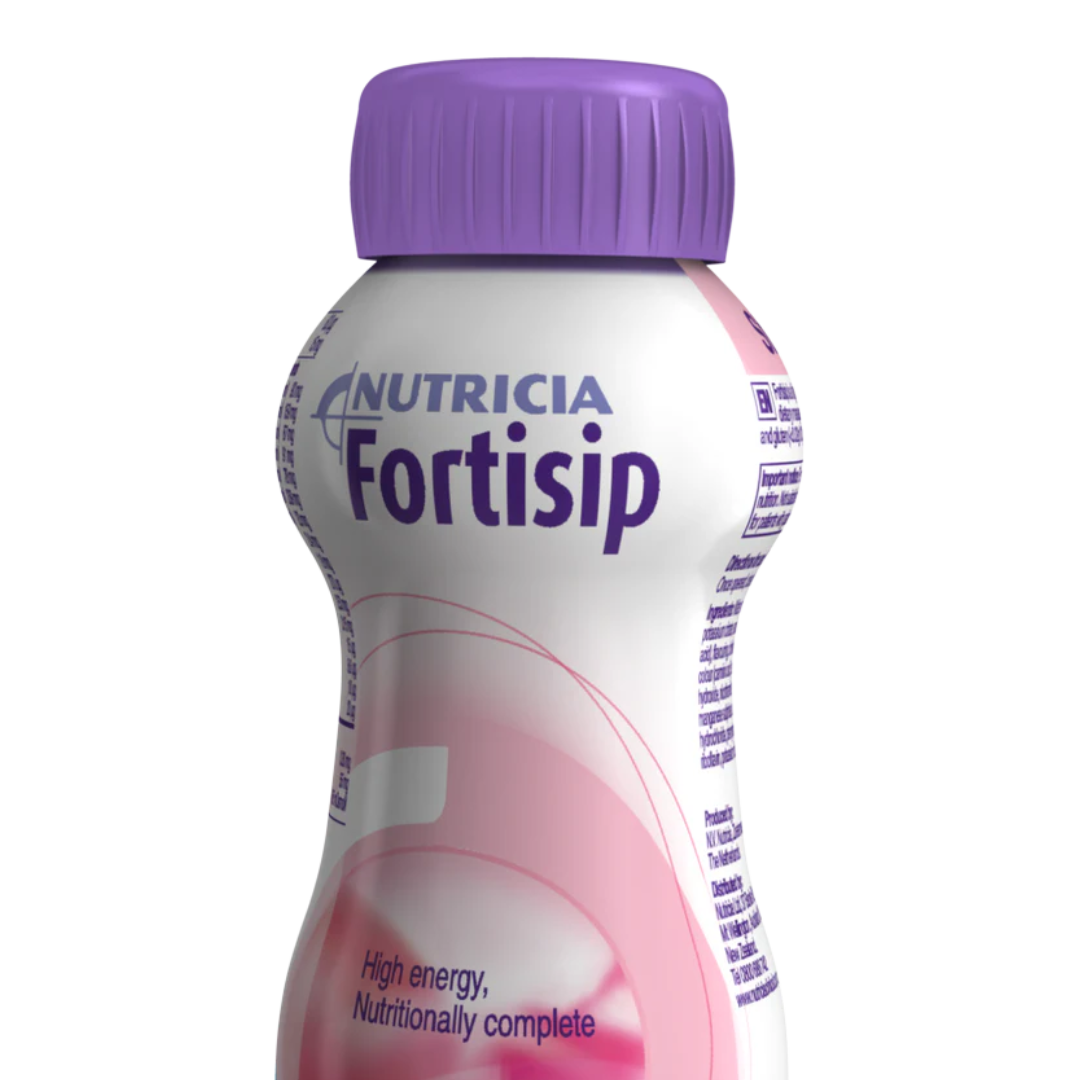 Fortisip Strawberry Bottle 200ml – High-energy nutritional drink with strawberry flavour for medical nutrition support.