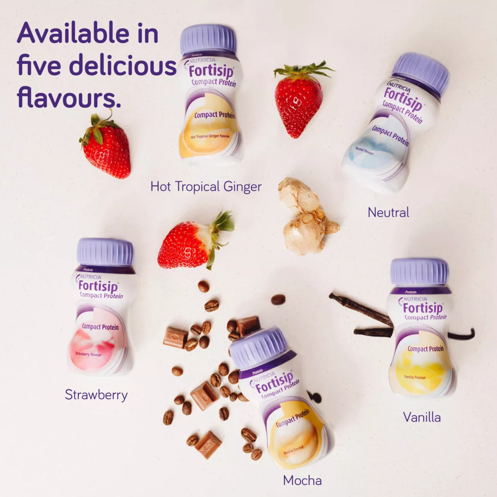 Fortisip protein powder bottles with flavor indicators on a white background