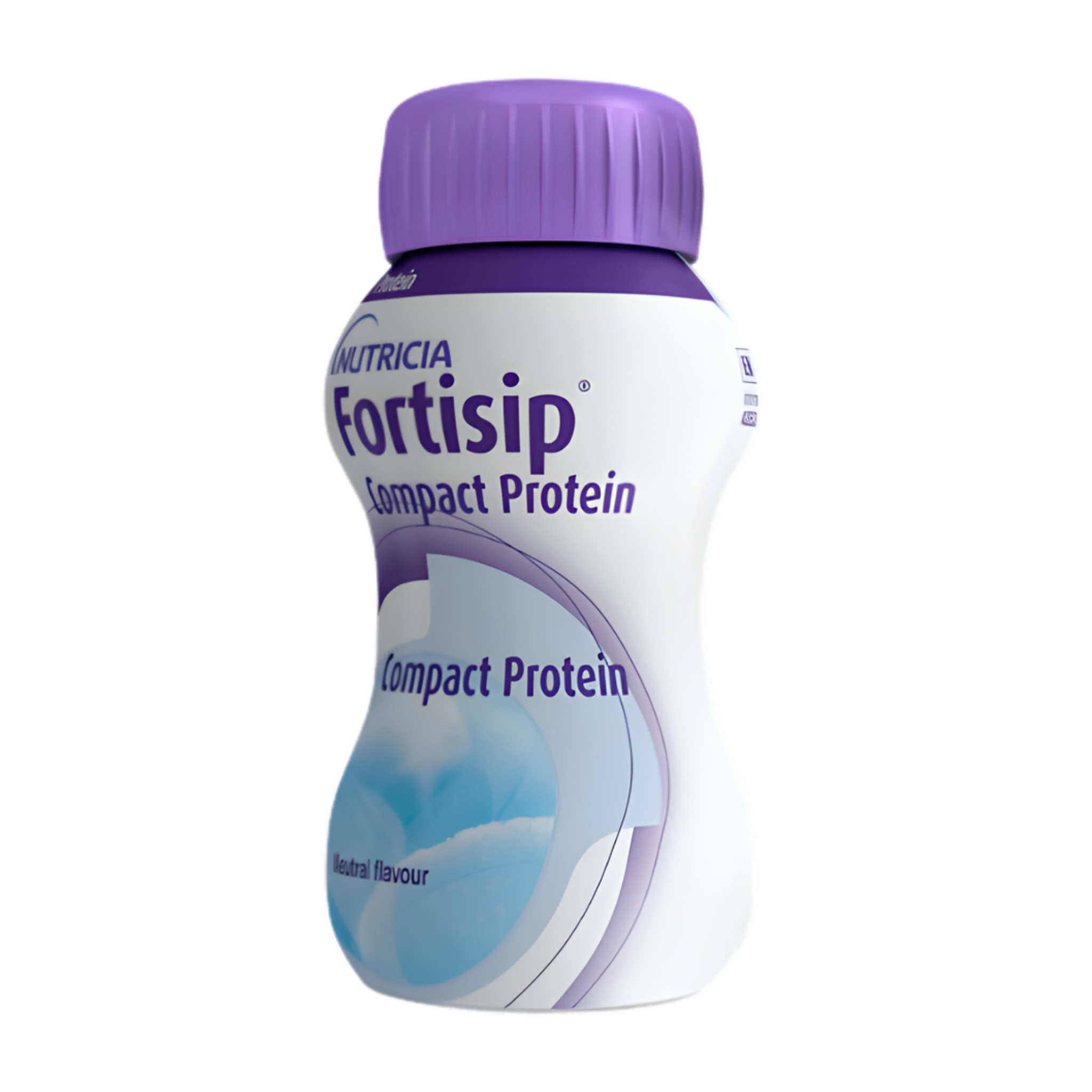 Fortisip Compact Protein bottle with purple cap on a white background