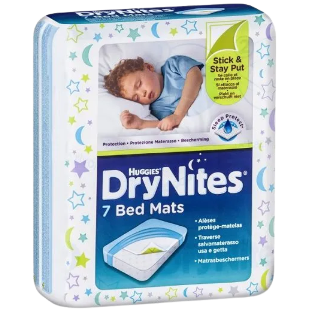 Huggies DryNites Bed Mats with soft surface and adhesive strips, designed for overnight bedwetting protection on mattresses and bedding for children.