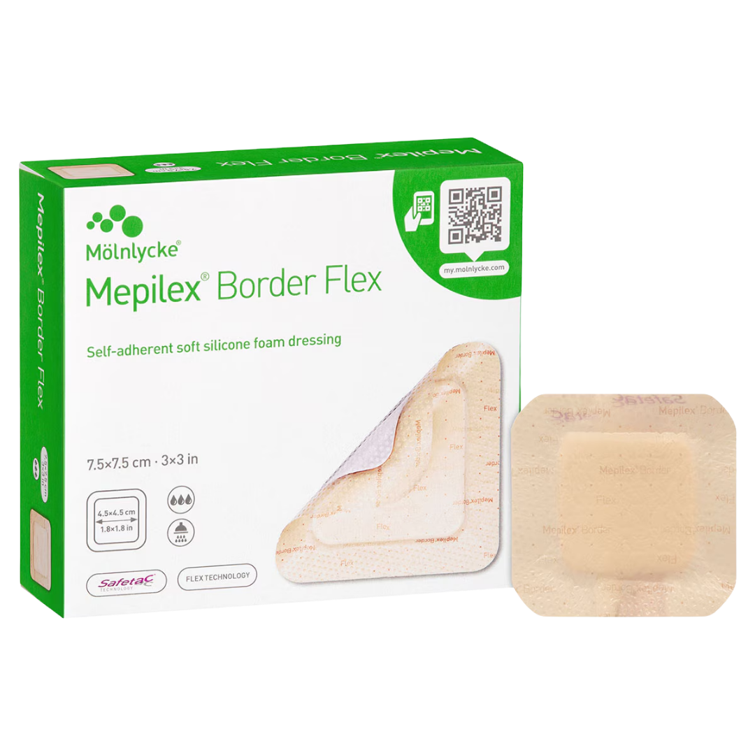 Molnlycke Mepilex Border Flex Dressing – flexible bordered foam dressing with Safetac adhesive for exuding wound care.
