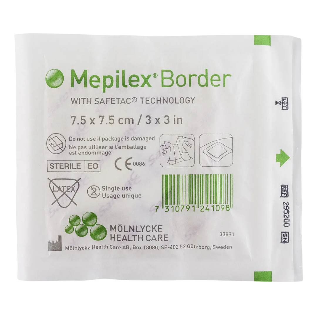 Molnlycke Mepilex Border Flex Dressing – flexible bordered foam dressing with Safetac adhesive for exuding wound care.