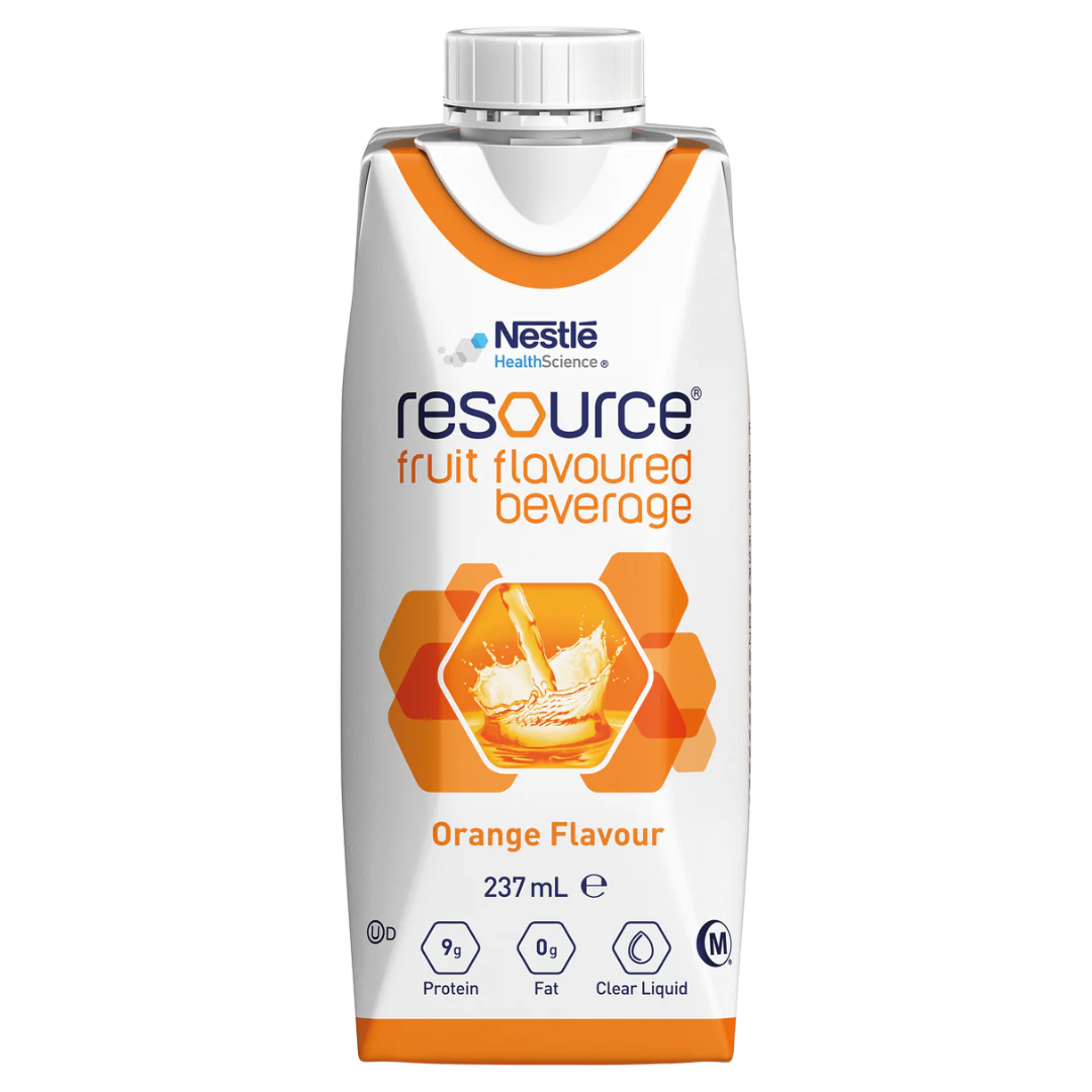 Nestlé Resource Fruit Beverage Prism 237ml – fat-free, high-protein nutritional supplement in fruity flavours for clear fluid diets and malnutrition support.