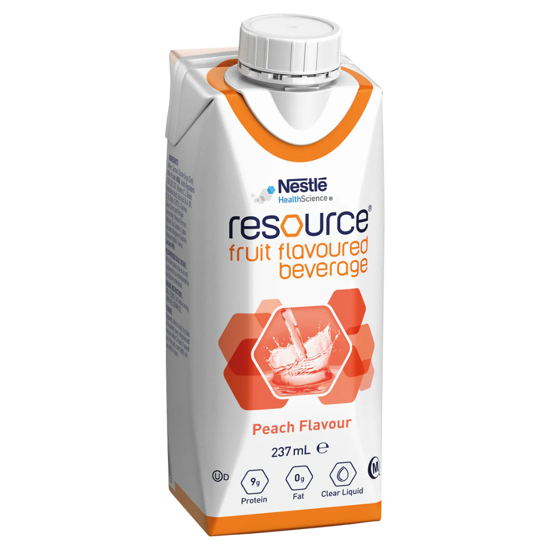 Nestlé Resource Fruit Beverage Peach Prism 237ml, a clear fluid nutritional supplement for hydration and energy support in clinical care.