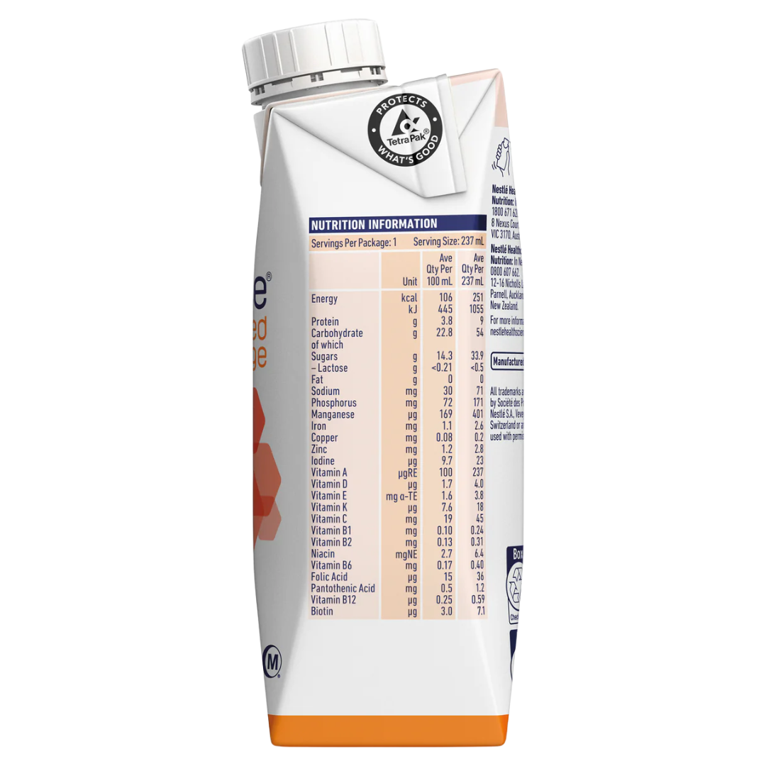 Nestlé Resource Fruit Beverage Peach Prism 237ml, a clear fluid nutritional supplement for hydration and energy support in clinical care.