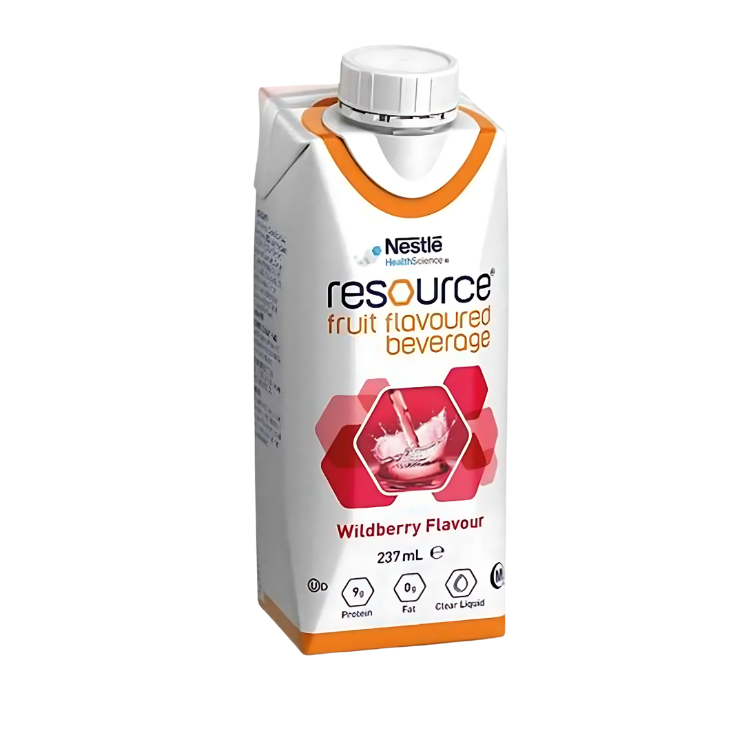 Nestlé Resource Fruit Beverage Prism 237ml – fat-free, high-protein nutritional supplement in fruity flavours for clear fluid diets and malnutrition support.
