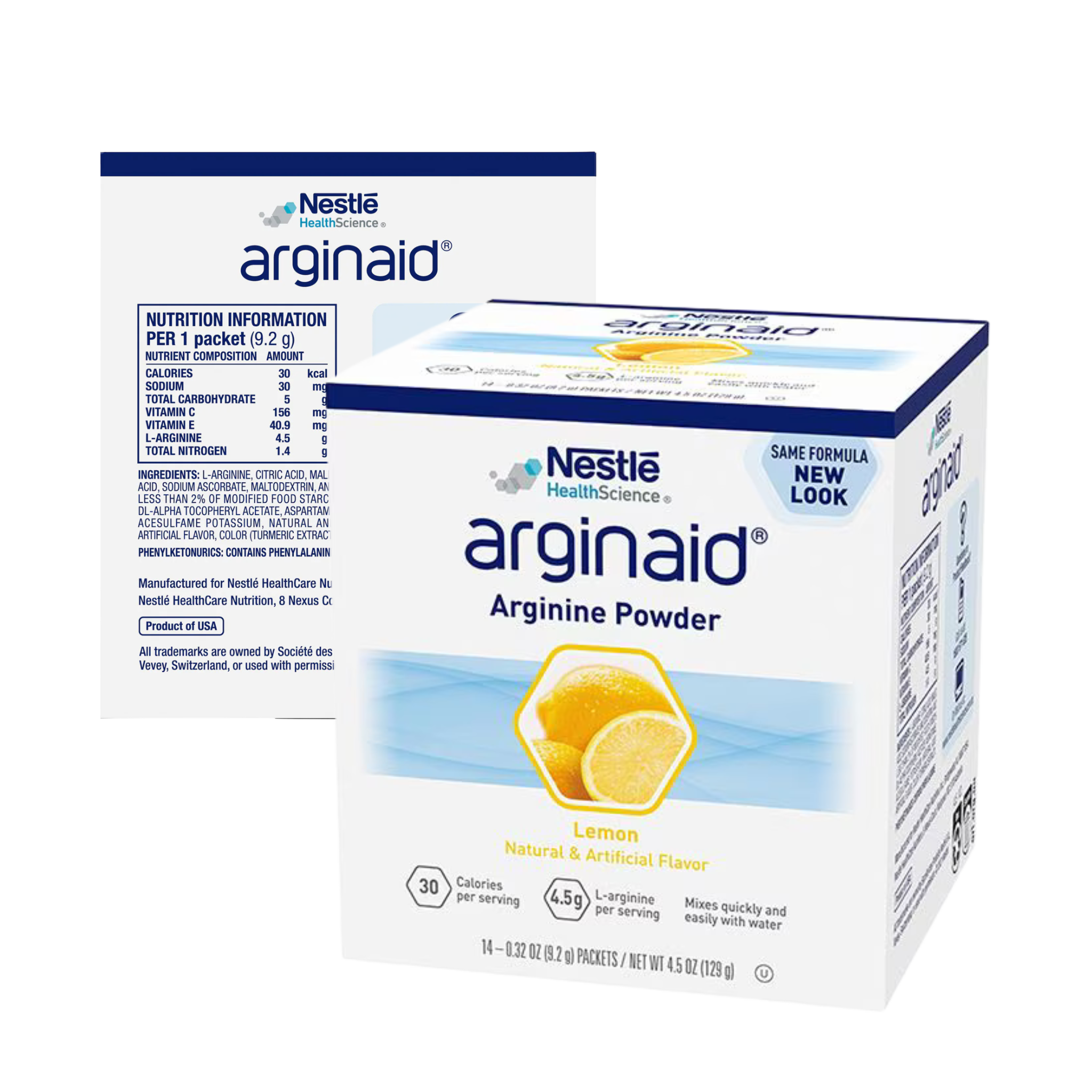 Box of Nestle Arginaid Arginine Powder Lemon flavor on a white background
