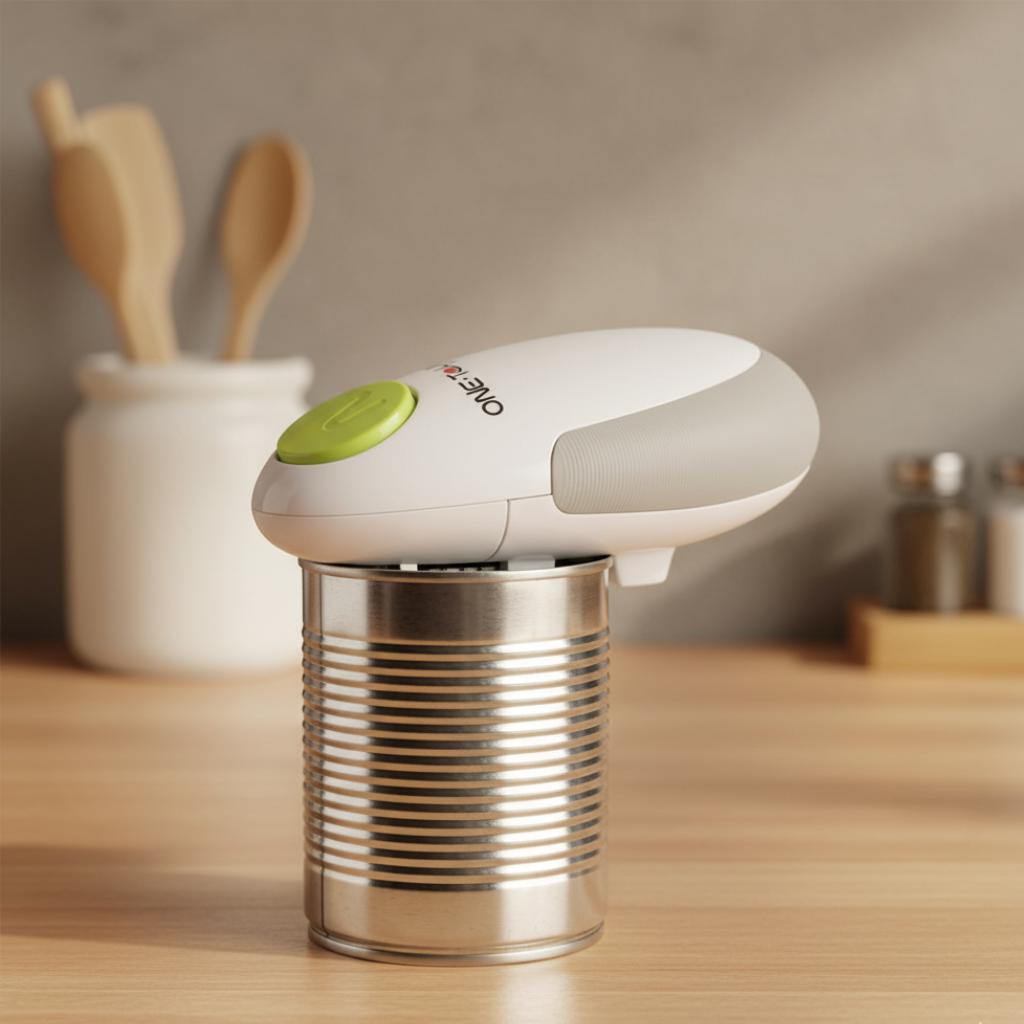 Can opener on a can with kitchen utensils in the background