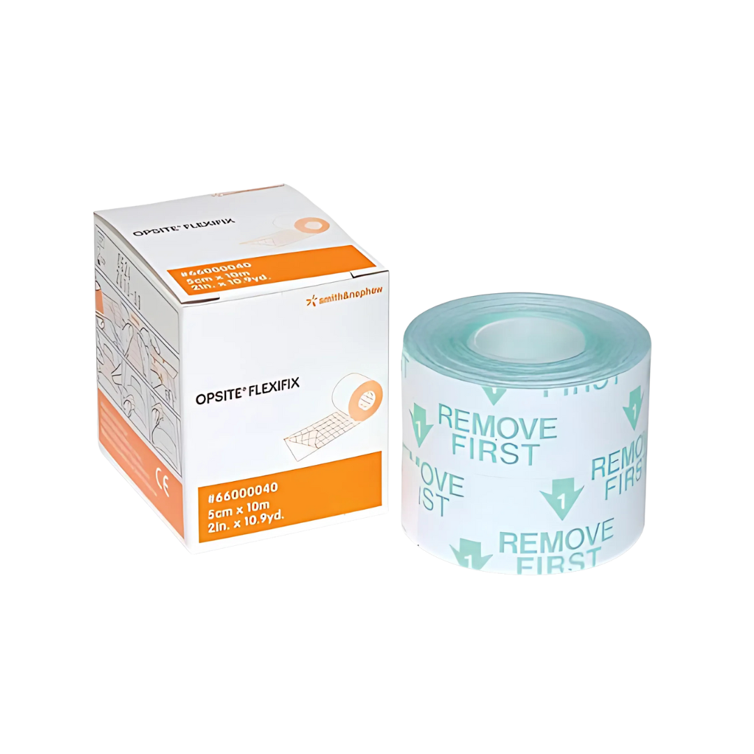 Opsite Flexifix transparent adhesive film dressing roll – waterproof, breathable, and flexible wound protection.
