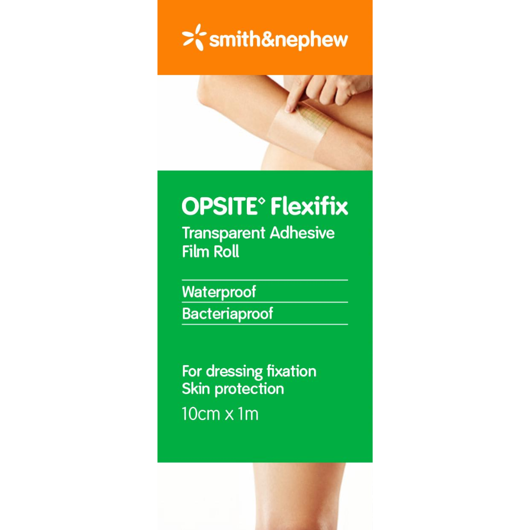 Opsite Flexifix transparent adhesive film dressing roll – waterproof, breathable, and flexible wound protection.
