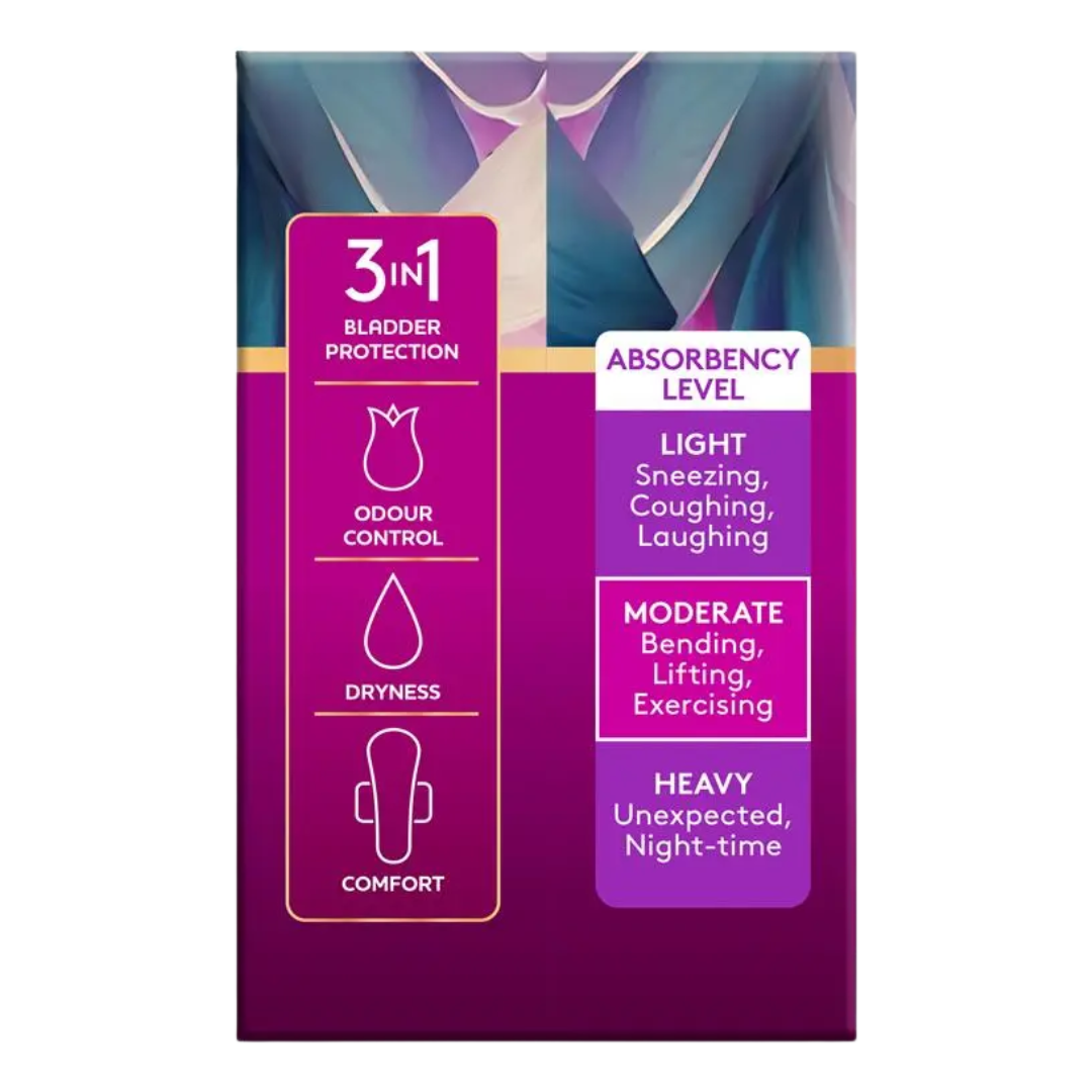 Purple packaging of 3-in-1 bladder protection products with text on absorbency levels.