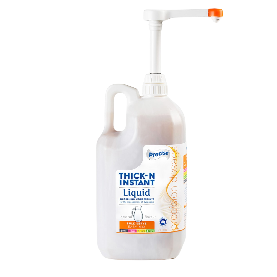 Precise Thick-N Instant Bulk Serve 3L bottle for IDDSI-level thickened drinks, suitable for clinical and aged care use.