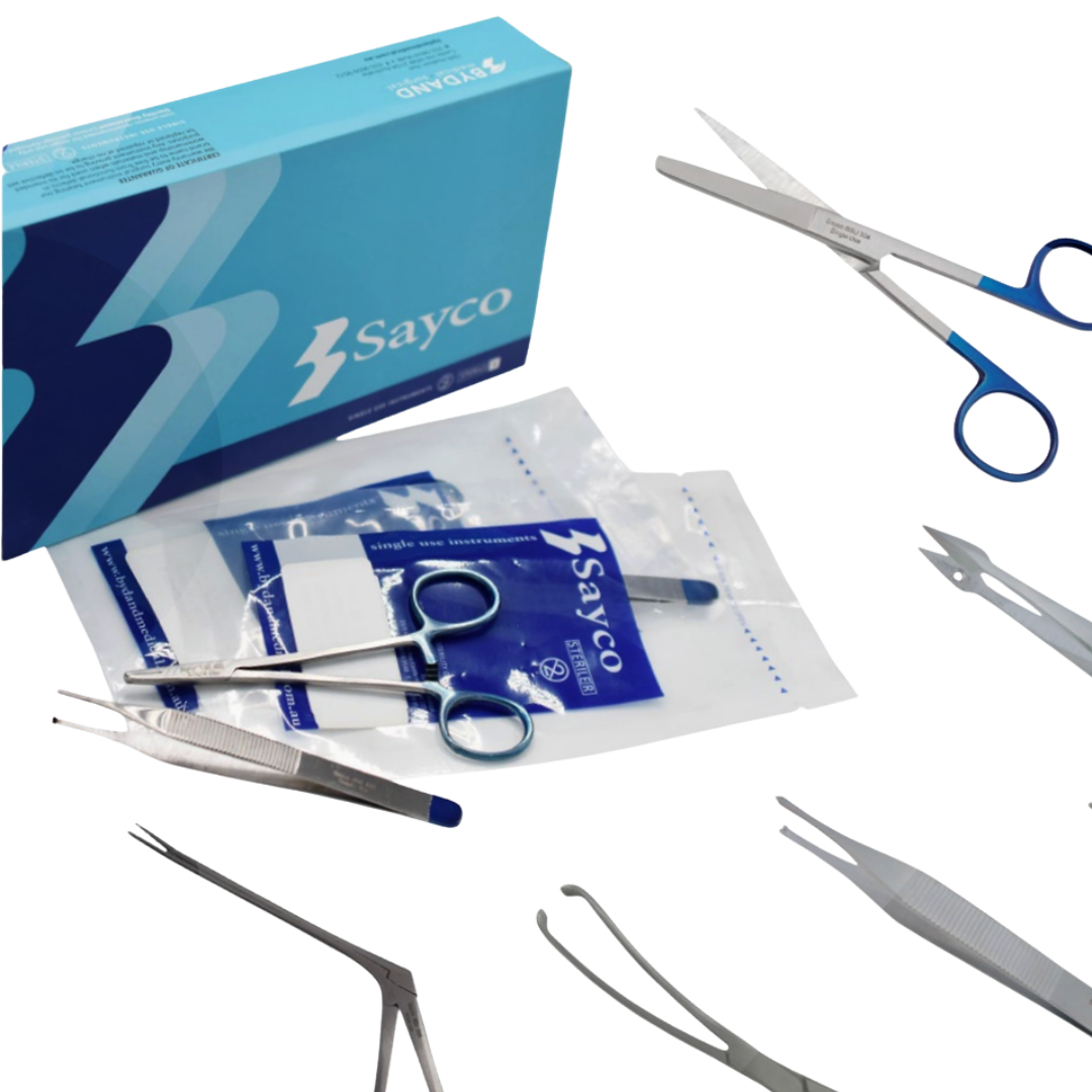 A collection of Sayco single-use surgical instruments displayed with branded packaging. The image includes a blue Sayco box, sealed sterile pouches, and various stainless steel tools such as scissors, forceps, and tweezers with blue accents, designed for precision in medical procedures