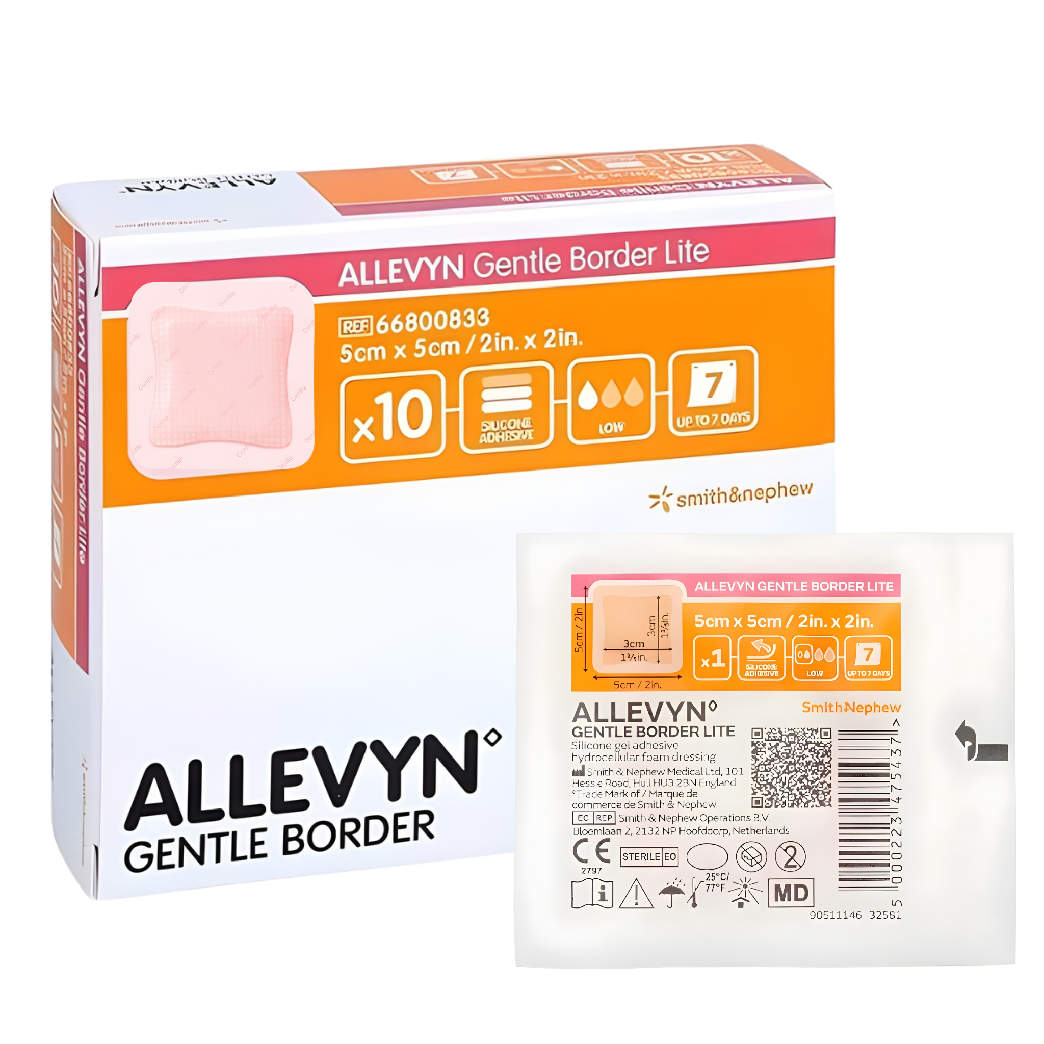 Smith+Nephew Allevyn Gentle Border Lite Hydrocellular Foam Dressing box and Each