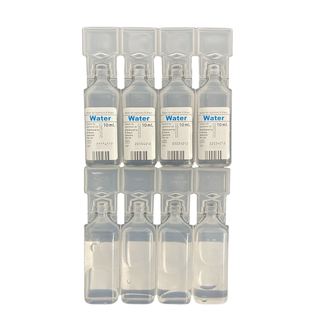 Box of 20 MPC Sterile Water for Injection 10mL ampoules – medical-grade, single-use vials for safe drug preparation.