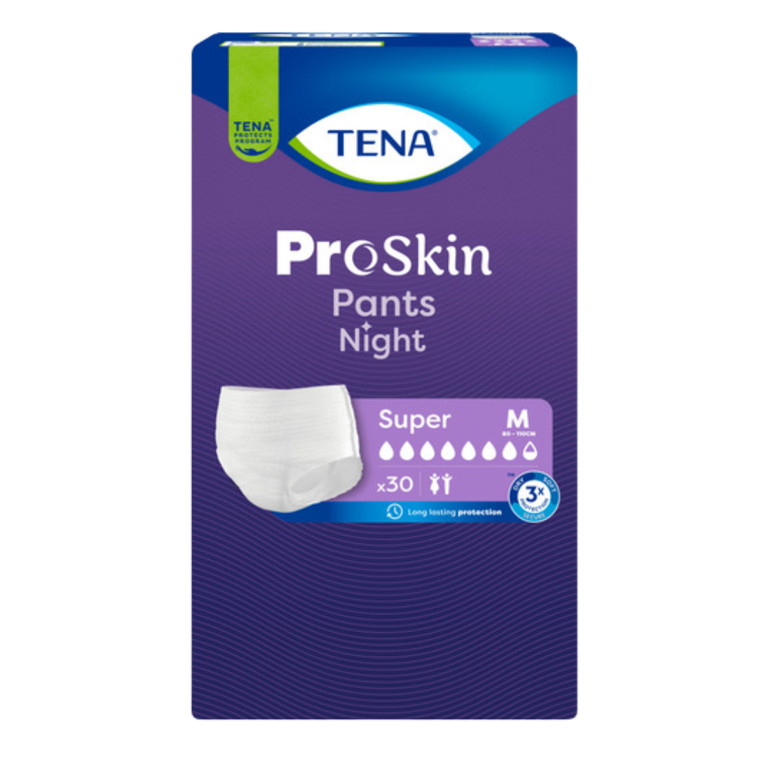 TENA ProSkin Pants Night Super – pull-up style adult incontinence pants with high overnight absorbency and skin protection.
