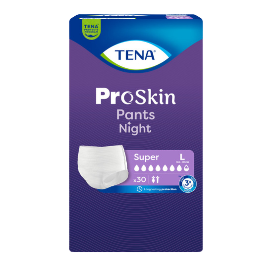 TENA ProSkin Pants Night Super – pull-up style adult incontinence pants with high overnight absorbency and skin protection.