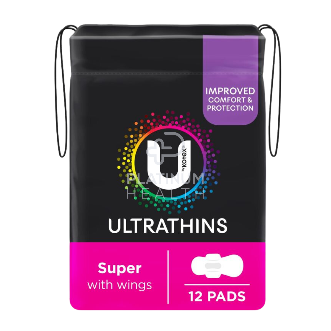Packaging of U By Kotex Ultrathins Wing Super with wings, indicating improved comfort and protection, showing 12 pads inside.
