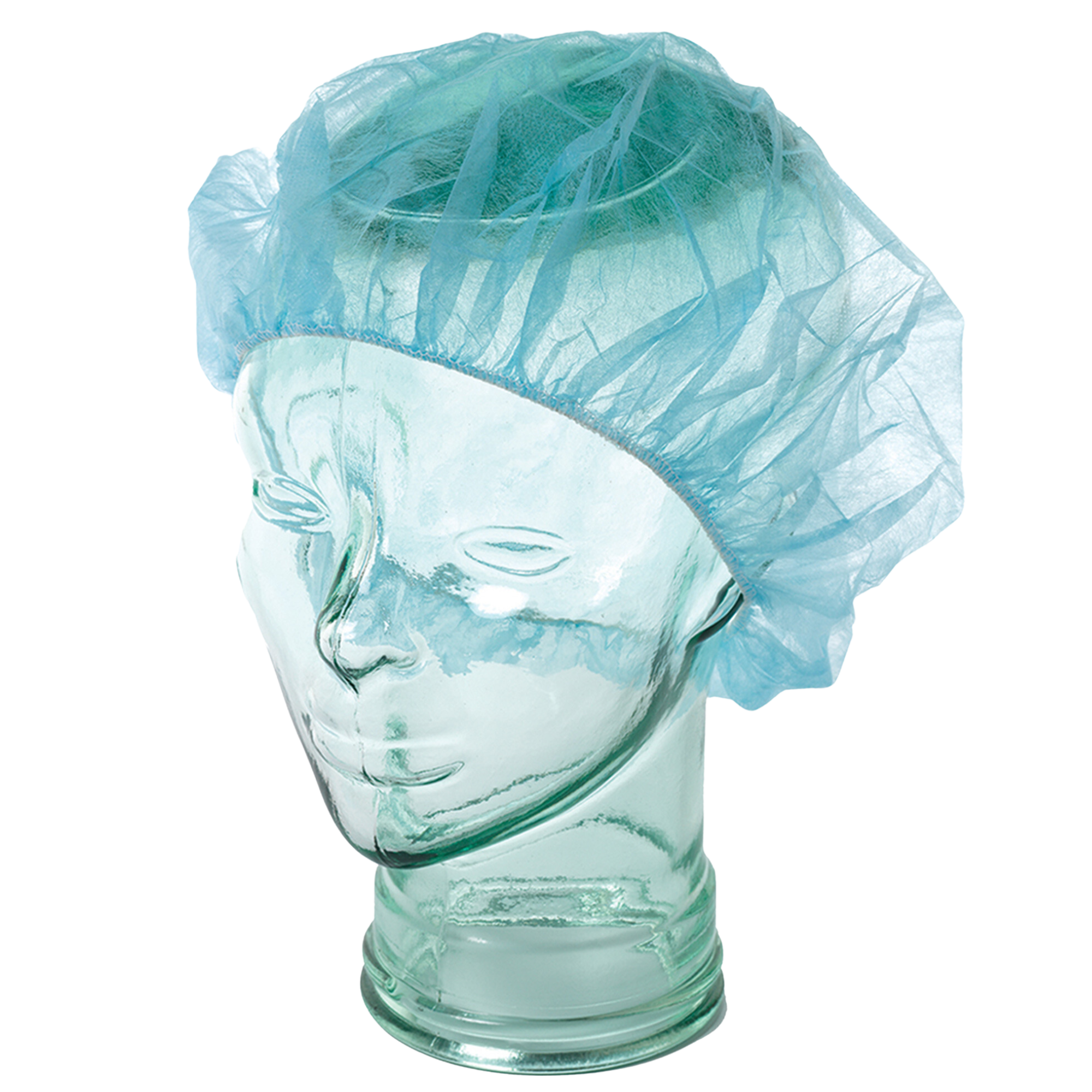 A blue disposable non-woven round medical cap displayed on a mannequin head.