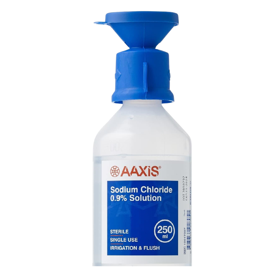 AAXIS Sodium Chloride 0.9% Solution, 250ml bottle, sterile single-use for irrigation and flush, with blue cap and label