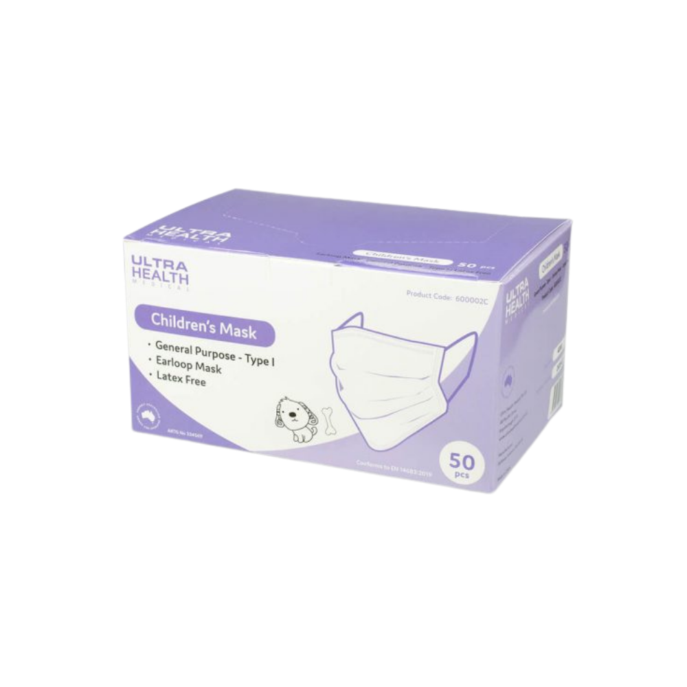 Box of children's surgical face masks with 50 pieces per box, the masks are white with an adjustable nose bridge and ear loops, the box is purple with branding and product information.