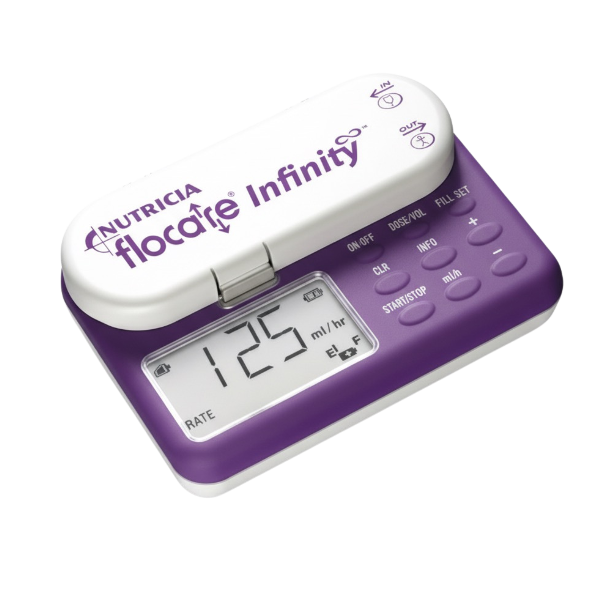 Purple and white medical device with digital display on a white background