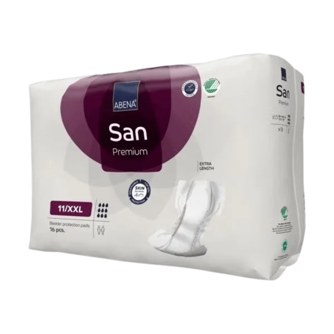 Abena San 11 XXL Bariatric Pad with 3400ml absorbency, shown with breathable backsheet and full-length leak guards for heavy incontinence protection.