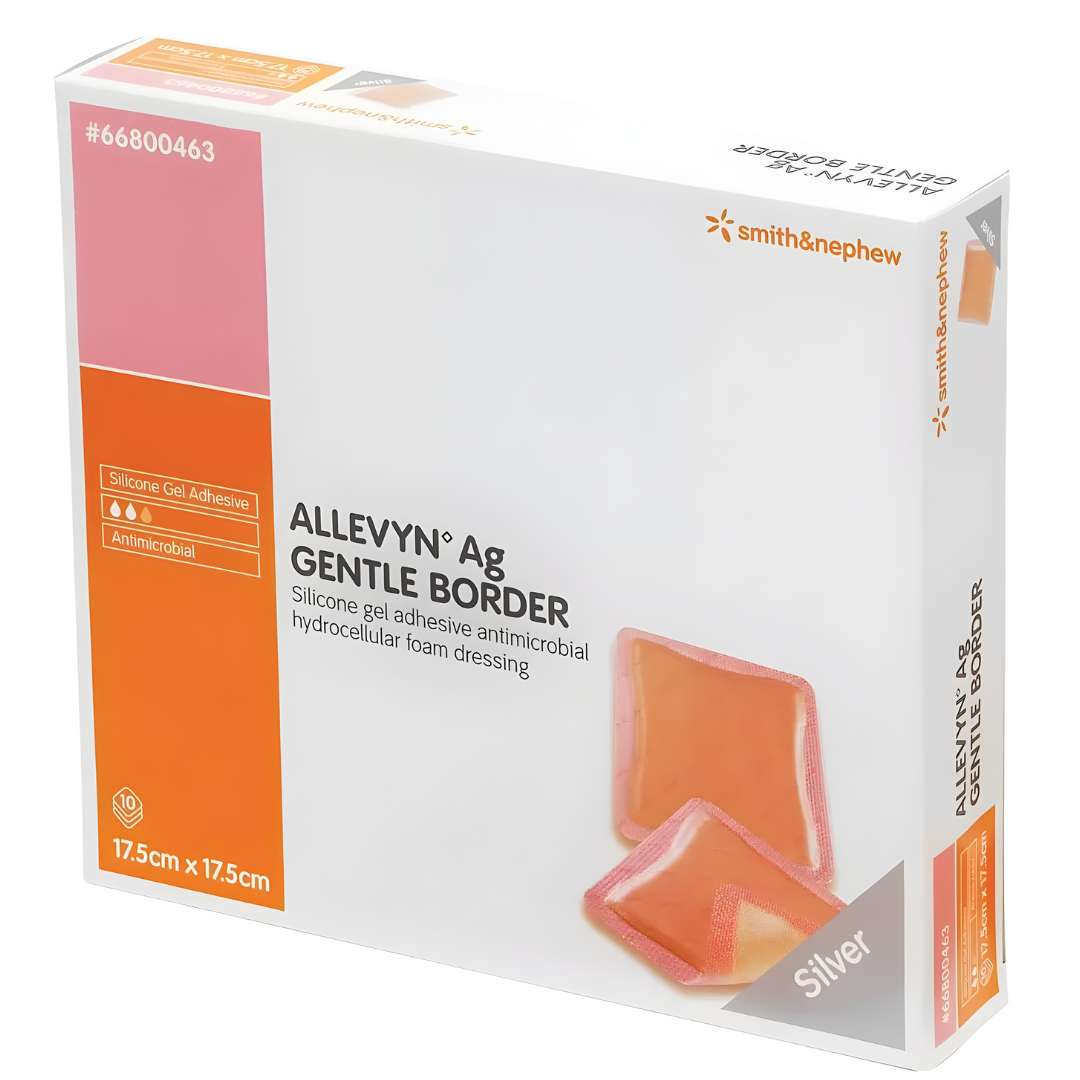 Allevyn AG Gentle Border Classic Foam Dressing is a soft, flexible foam dressing with a blue adhesive border, designed for moderate to high exuding wounds.