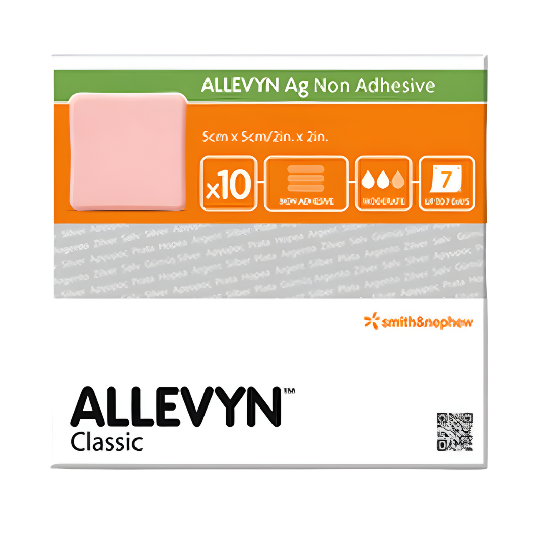 Allevyn Ag Non-Adhesive Classic silver foam dressings in multiple sizes, designed for antimicrobial protection and gentle wound care on sensitive or fragile skin.