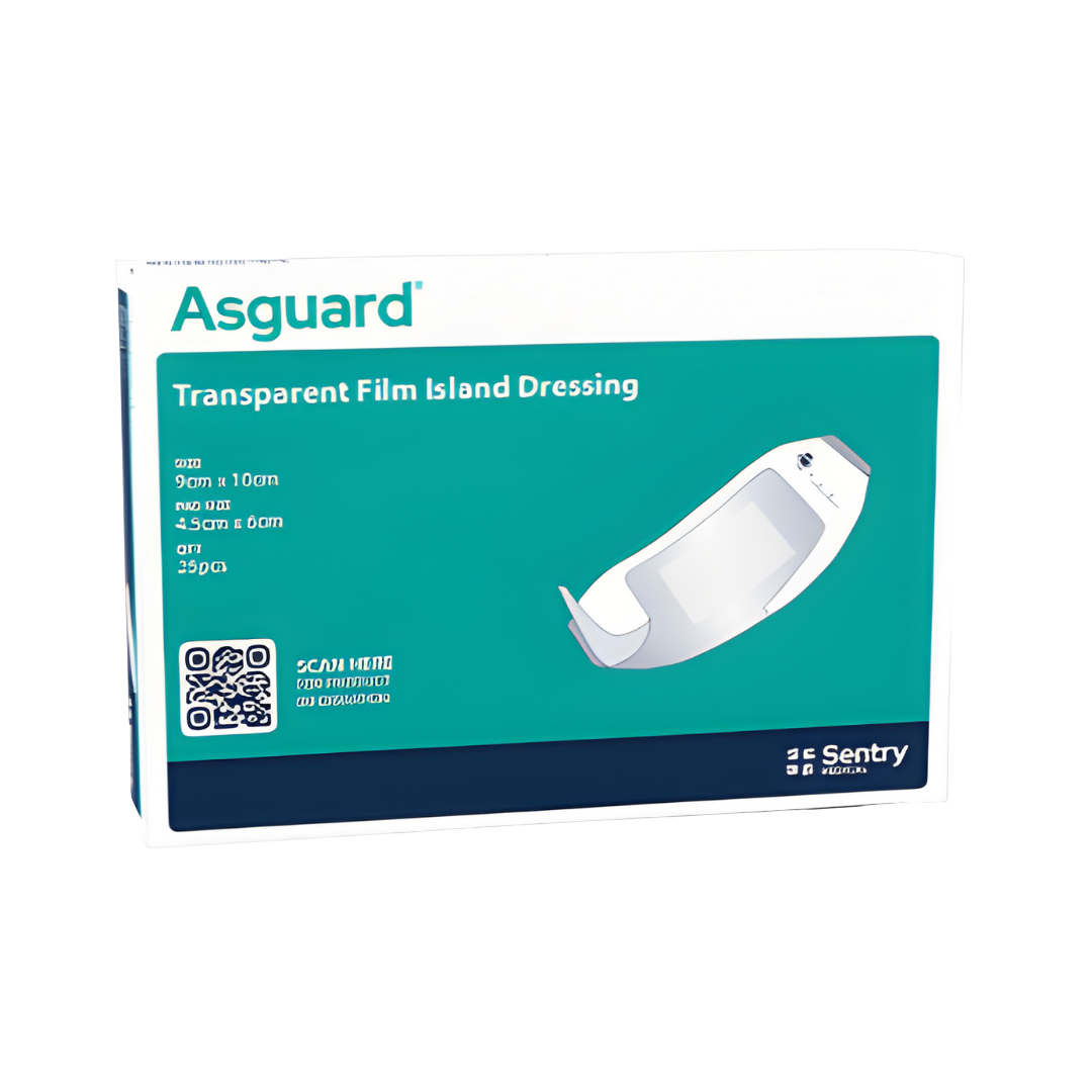 Asguard Clear + Film Island Dressing is a transparent, waterproof dressing designed for optimal wound care. It provides a sterile barrier that protects wounds from infection while allowing easy monitoring without removing the dressing. 