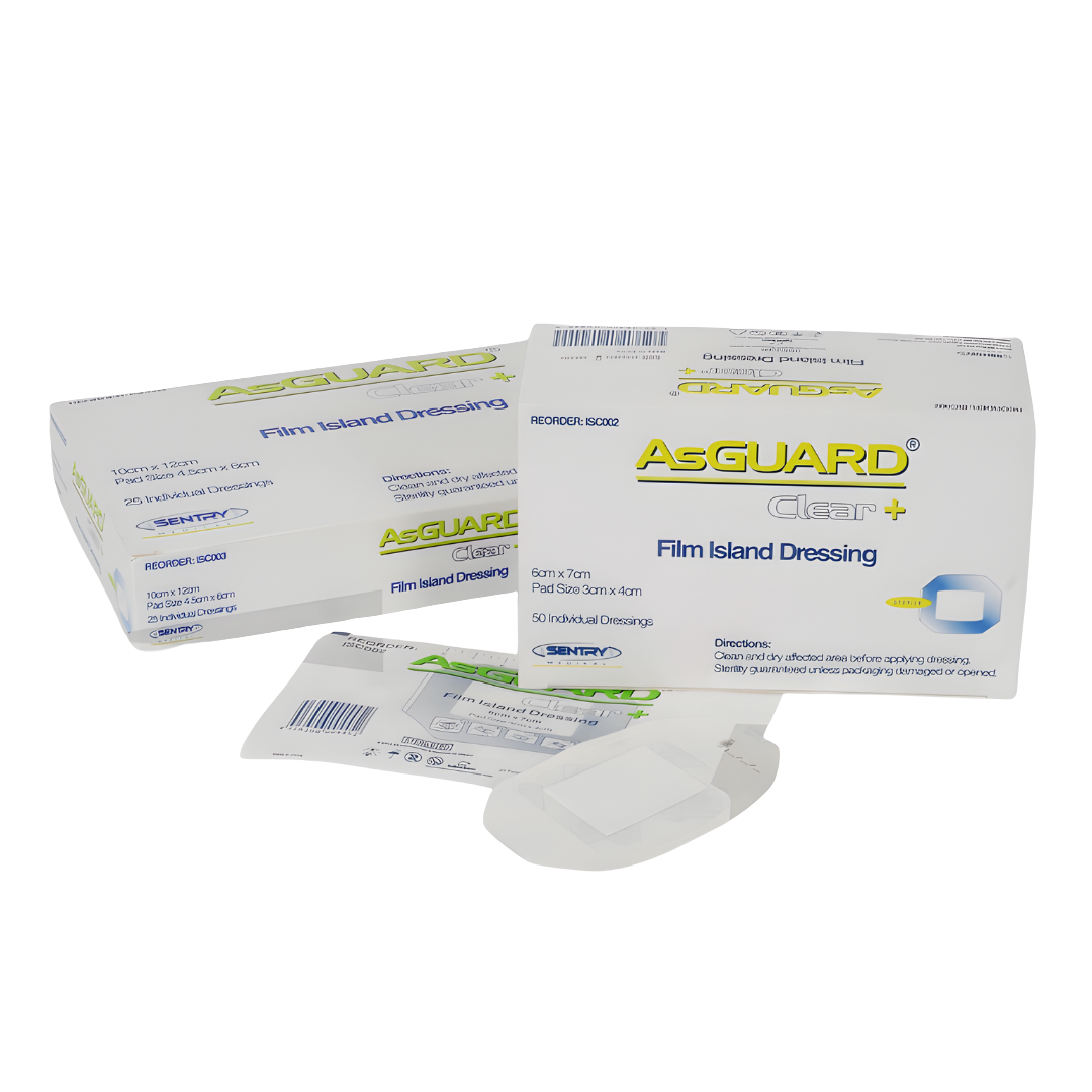 Asguard Clear + Film Island Dressing is a transparent, waterproof dressing designed for optimal wound care. It provides a sterile barrier that protects wounds from infection while allowing easy monitoring without removing the dressing. 