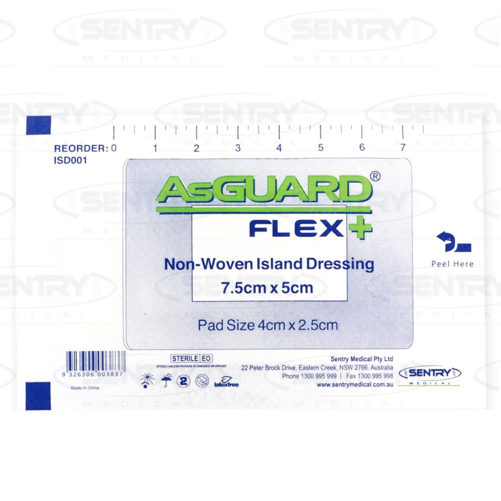 Packaging of AsGUARD Flex + Non-Woven Island Dressing, indicating size 7.5cm x 5cm with a low adherent pad.