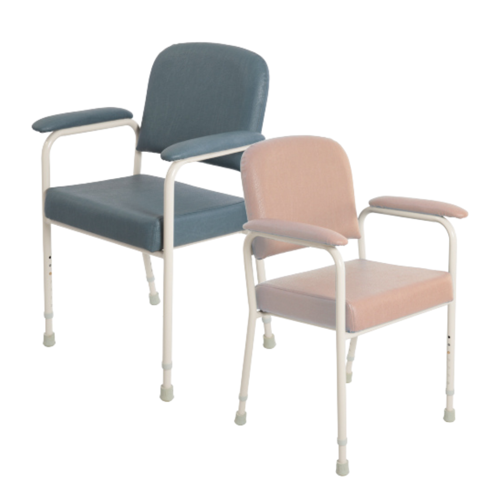Two chairs, one blue and one pink, on a white background