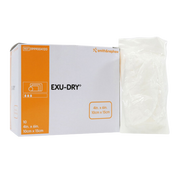 Packaging of Exu-Dry full anti shear absorbent dressing, showing a white box with product information, alongside an unfolded dressing sheet.