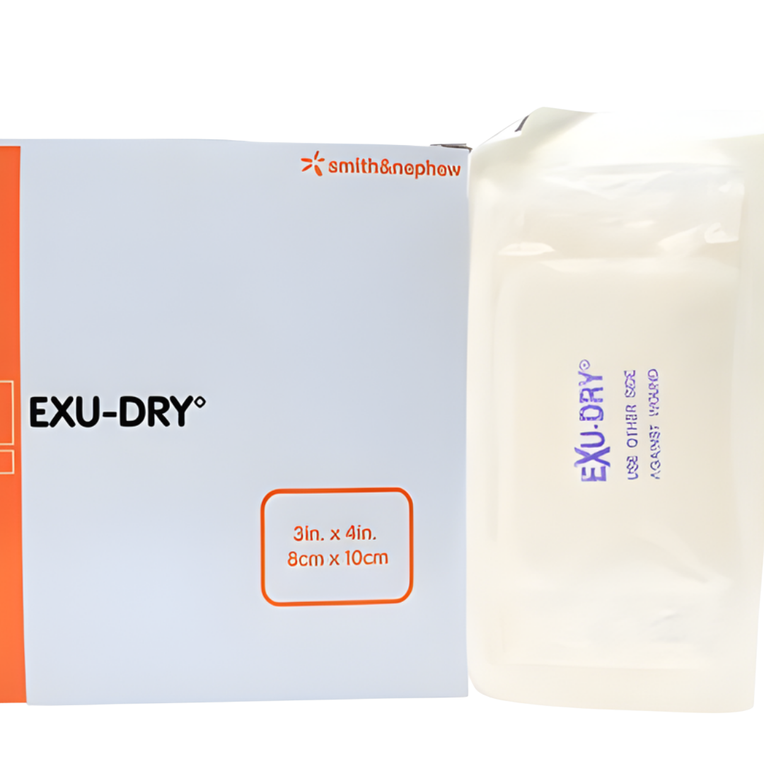 Exu-Dry Wound Dressing 3 x 4in providing gentle, high‑absorbency protection for small wounds, supporting moisture control and low‑trauma dressing changes.