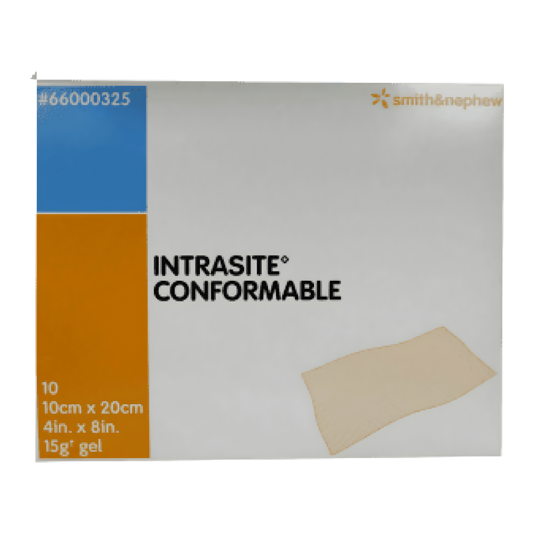 Intrasite Gel Conformable Dressing provides soothing hydration and gentle debridement for dry or necrotic wounds, available in flexible sizes for comfortable wound care.