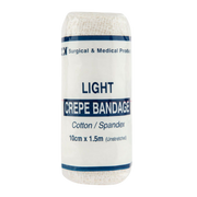 Light crepe bandage made of cotton and spandex, size 10cm x 1.5m (unstretched). Provides gentle compression and support for minor injuries.

