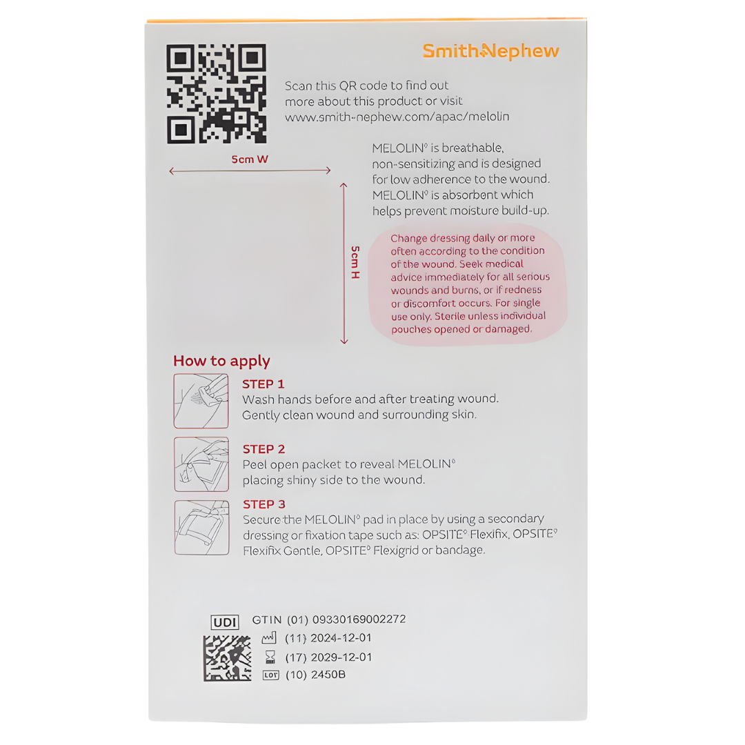 MELOLIN sterile low-adherent 5 x 5cm dressing pads in a carton of 25, designed for gentle wound protection and absorption for minor to moderate wounds.