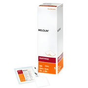 MELOLIN sterile low-adherent wound dressing pads in multiple sizes, supplied in boxes of 100, designed for gentle protection and absorption for various wound types.